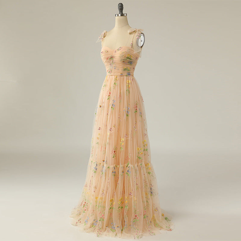 Long Niche Strap Embroidered Heavy Work Floral Dress - LODIMAE FASHION