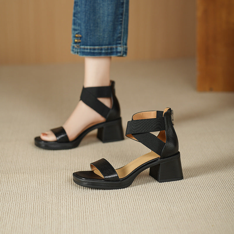 Leather thick-heeled one-strap sandals, high-heeled anti-platform thick-soled sandals, women's shoes, retro style soft soles - LODIMAE FASHION