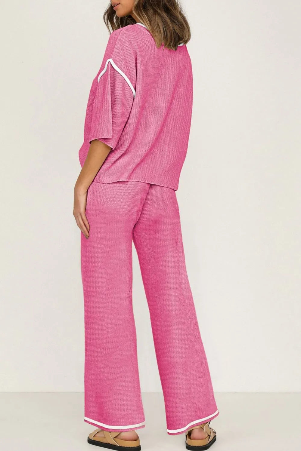 Contrast Trim Round Neck Top and Pants Set - LODIMAE FASHION