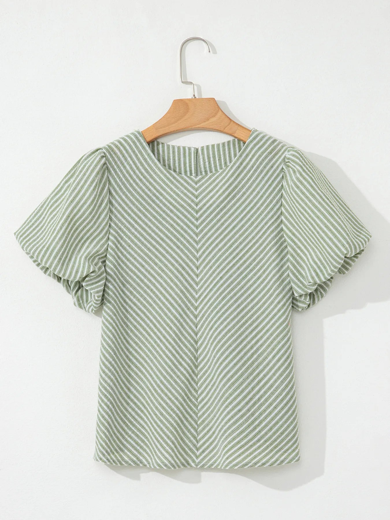 Stripe Textured Round Neck Short Puff Sleeve Blouse - LODIMAE FASHION