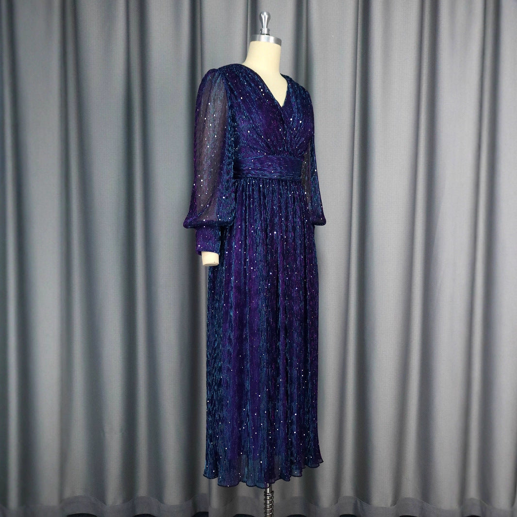 Sexy V-neck Sequined Long Sleeve Dress Purple Slim Fit - LODIMAE FASHION