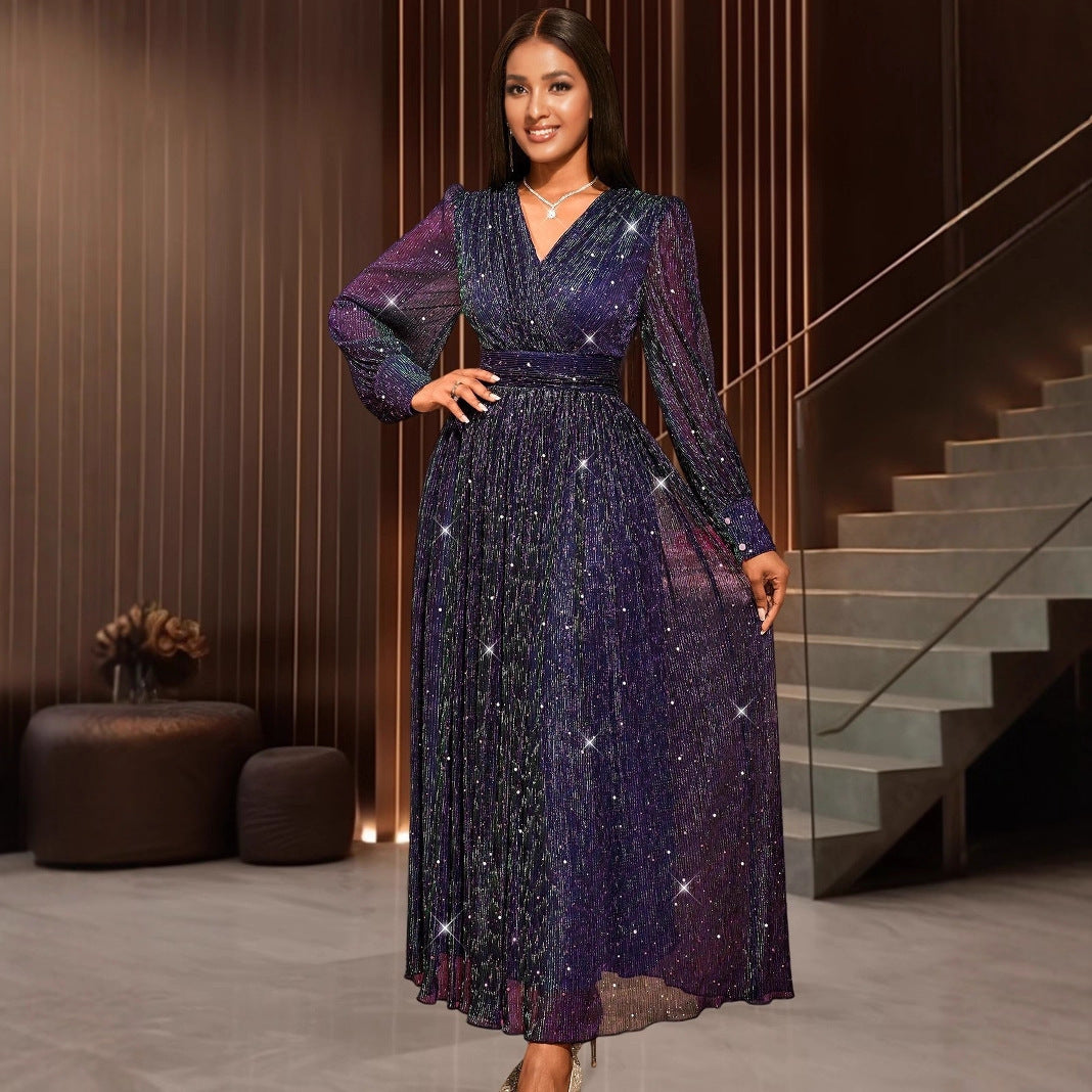 Sexy V-neck Sequined Long Sleeve Dress Purple Slim Fit - LODIMAE FASHION