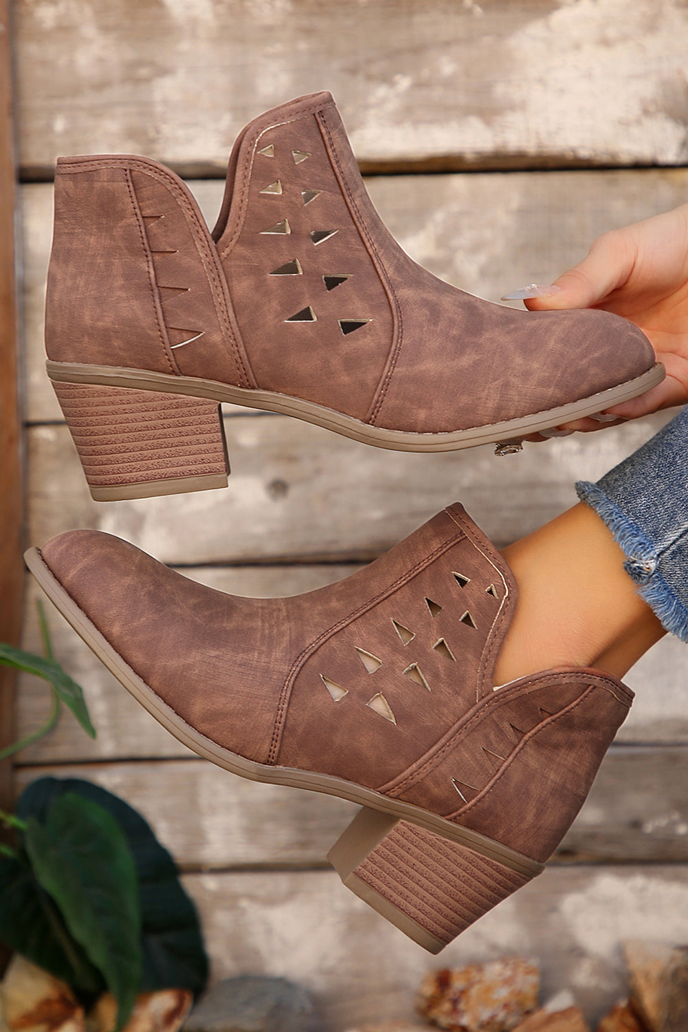 Cut Out Suede Pointed Toe Heeled Ankle Boots - LODIMAE FASHION