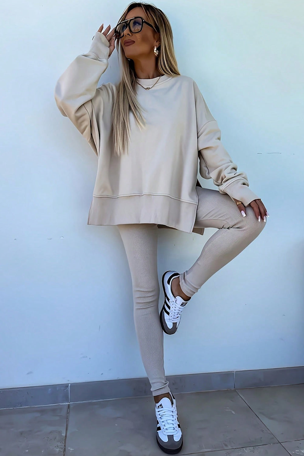 Jet Stream Solid Color Oversize Slit Sweatshirt Ribbed Leggings Set - LODIMAE FASHION