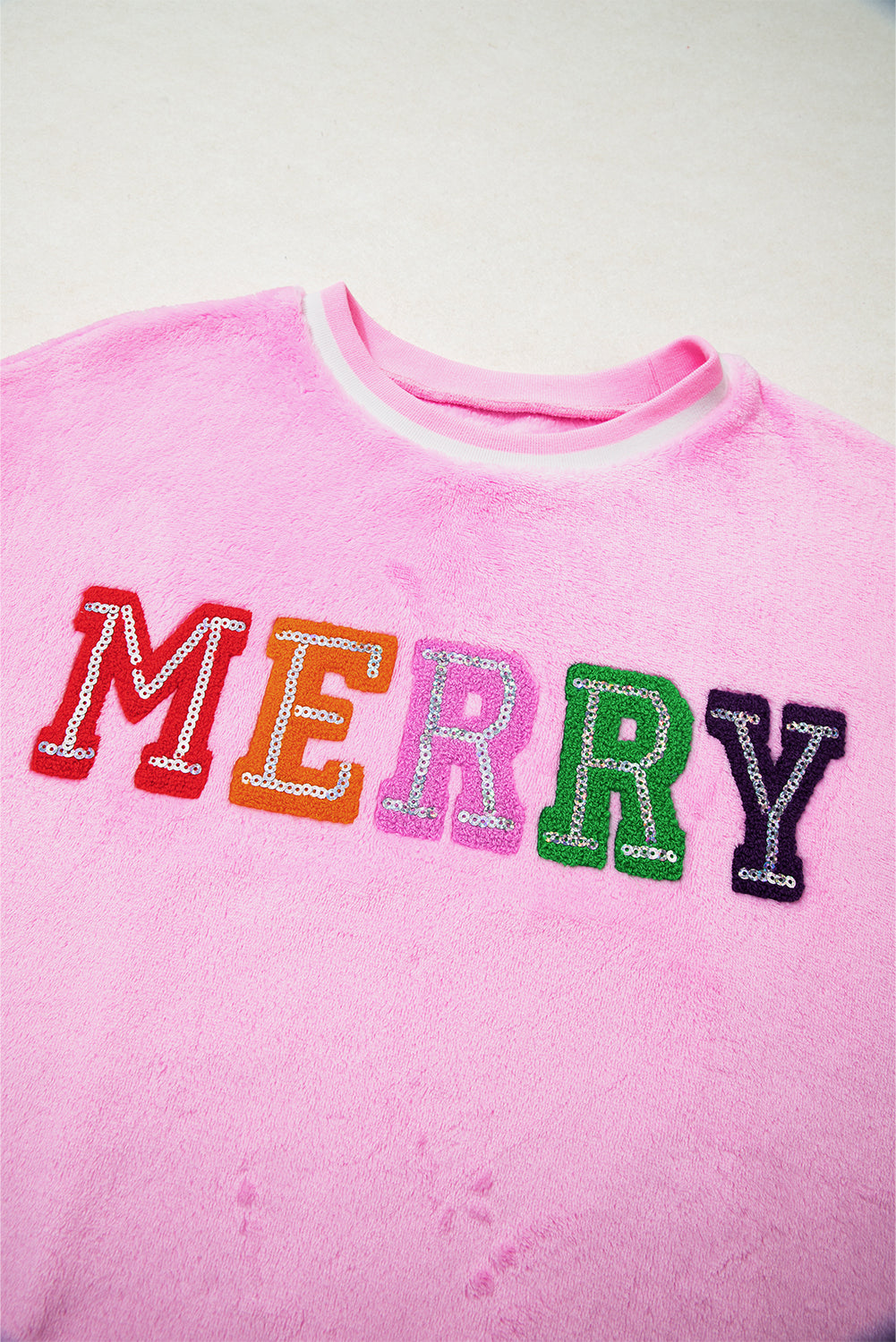 Sachet Pink Merry Letter Pattern Plush Pullover - LODIMAE FASHION