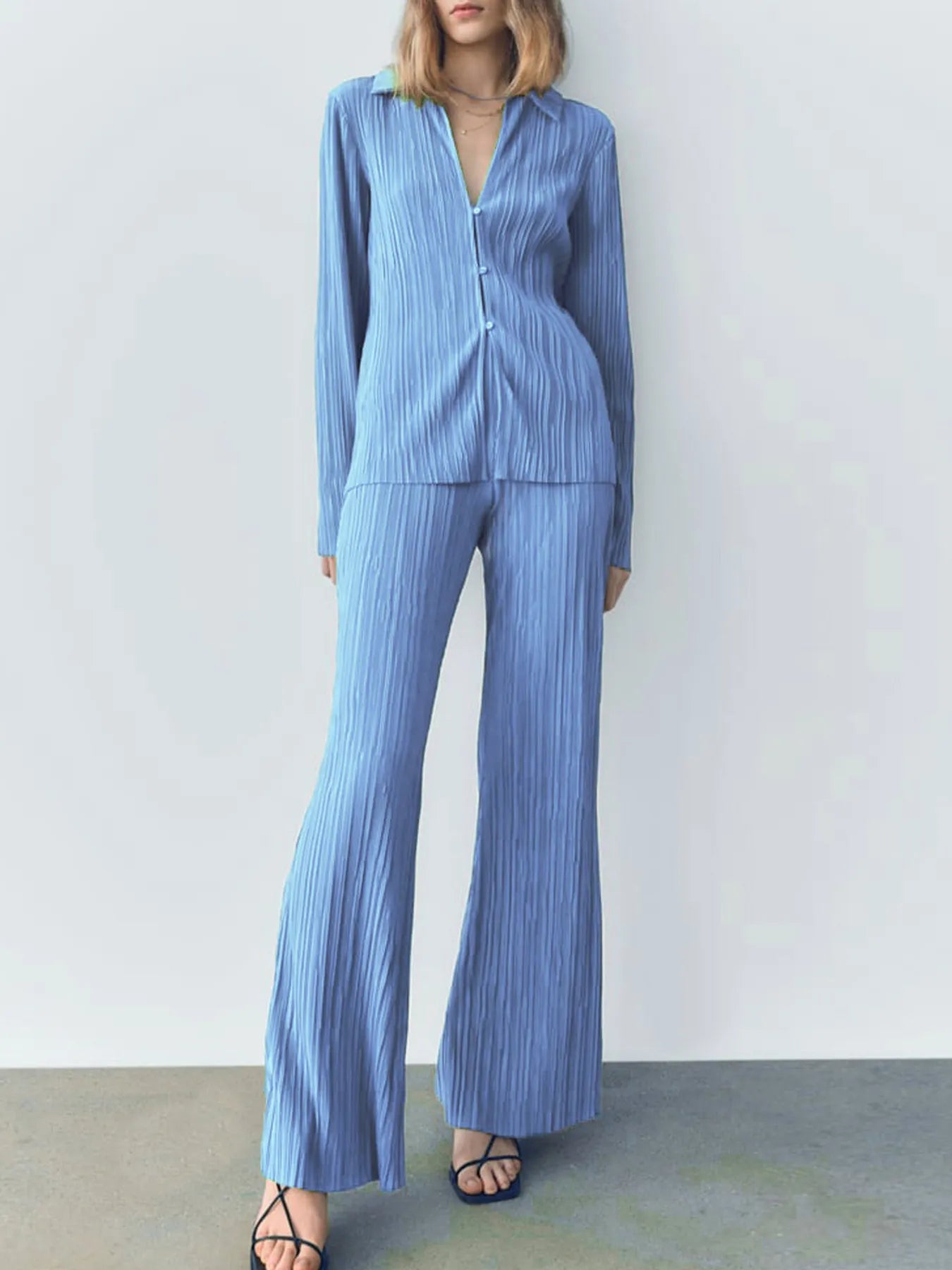 Texture Long Sleeve Top and Pants Lounge Set - LODIMAE FASHION