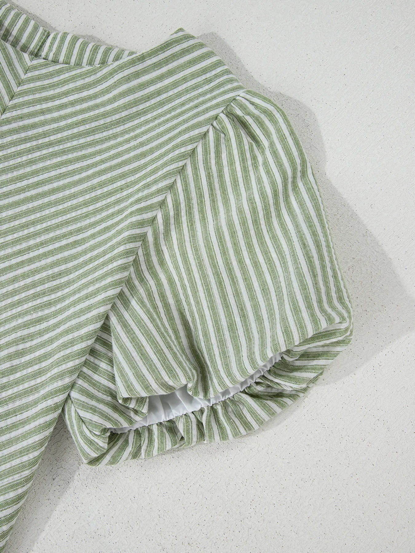 Stripe Textured Round Neck Short Puff Sleeve Blouse - LODIMAE FASHION