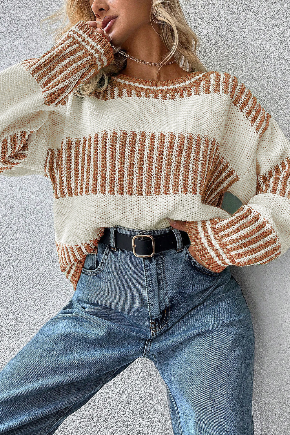 Khaki Two Tone Striped Patchwork Drop Shoulder Sweater - LODIMAE FASHION