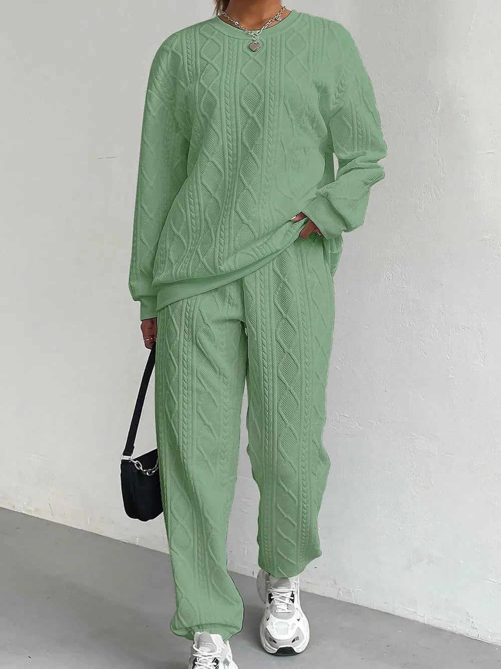 Texture Round Neck Top and Pants Set - LODIMAE FASHION