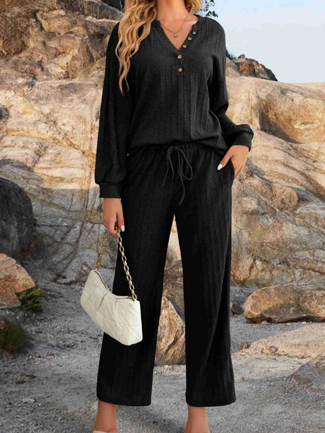 Ribbed Knit Top and Pants Lounge Set with Button Detail - LODIMAE FASHION