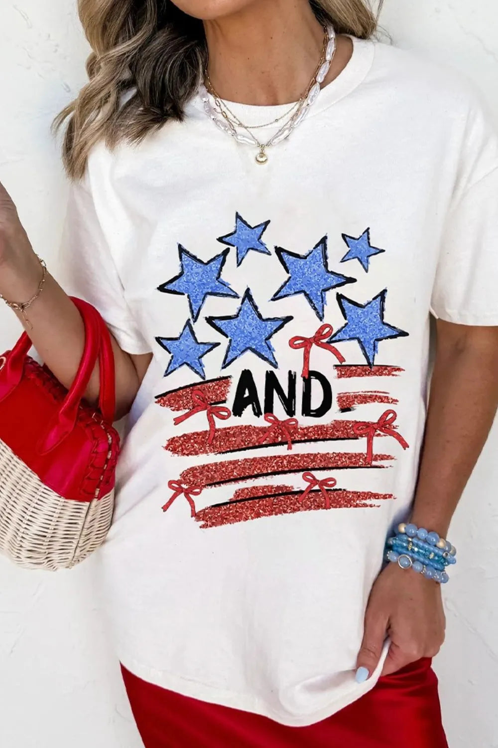 Stars and Stripes Bow Graphic T Shirt - LODIMAE FASHION
