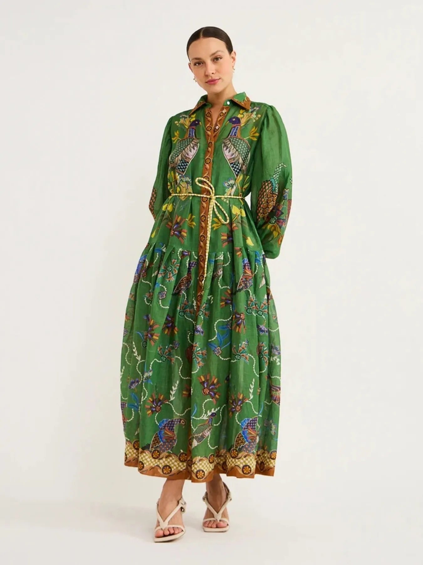Printed Lantern Sleeve Maxi Shirt Dress - LODIMAE FASHION