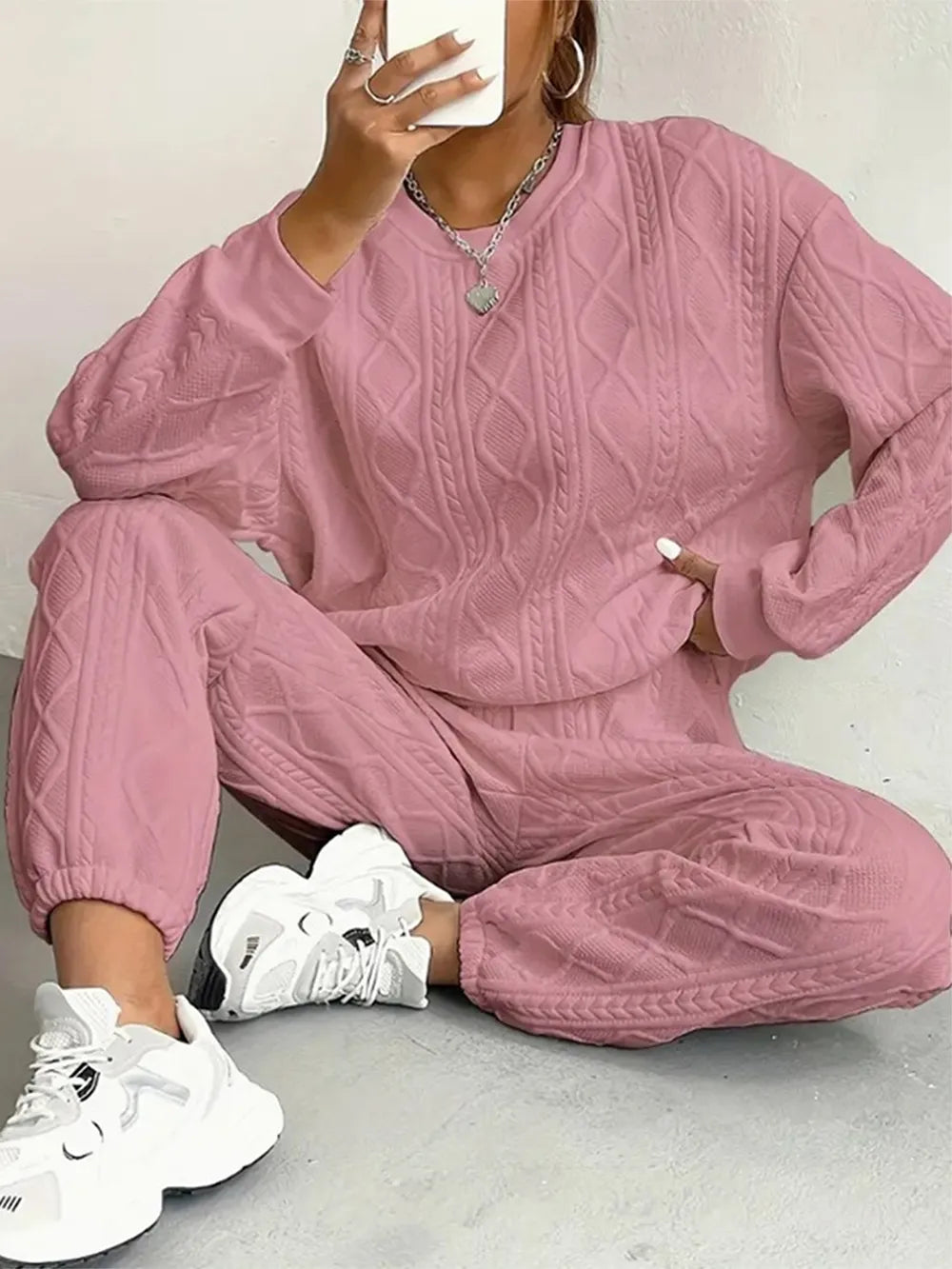 Texture Round Neck Top and Pants Set - LODIMAE FASHION