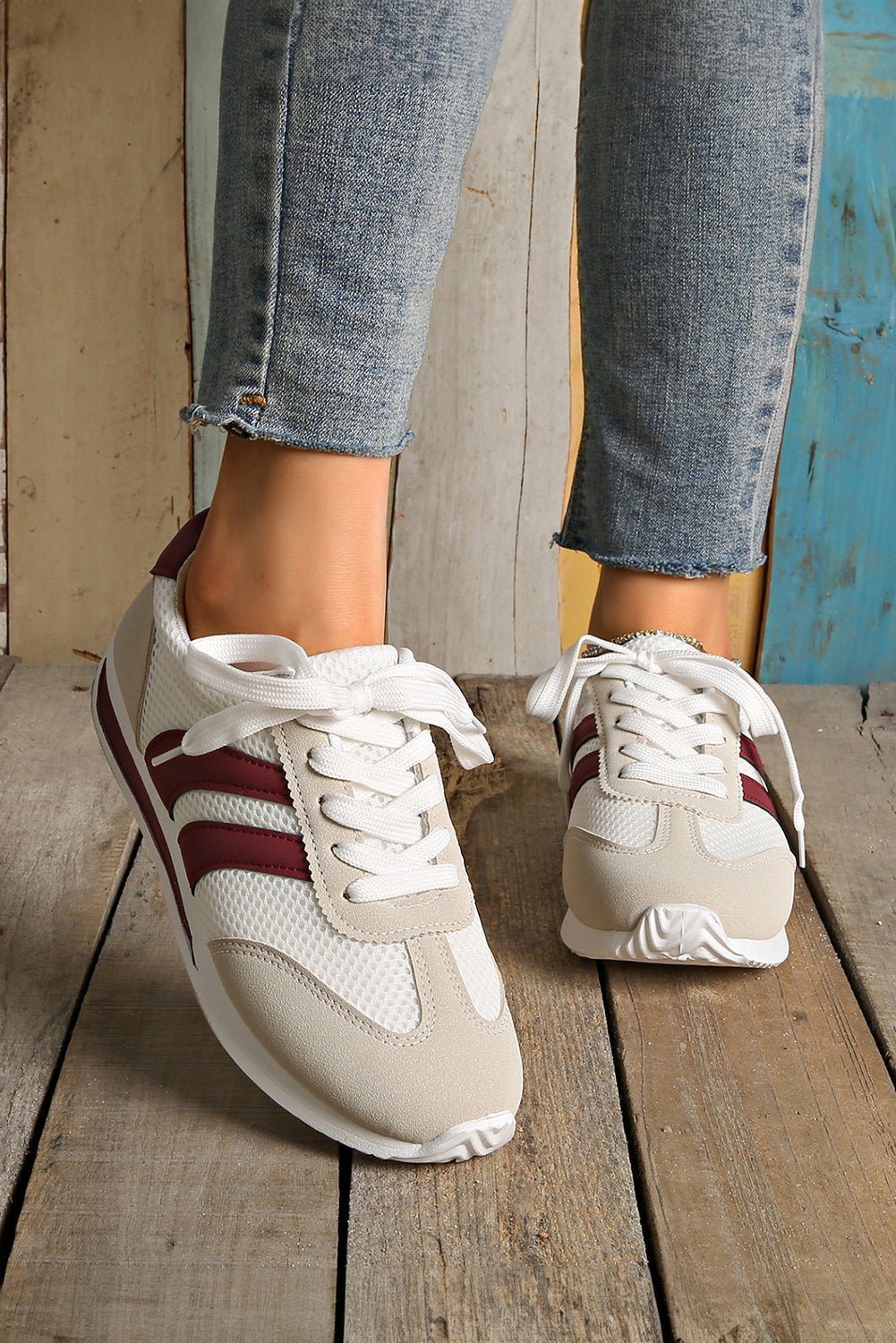 White Patchwork Breathable Lace Up Sneakers - LODIMAE FASHION