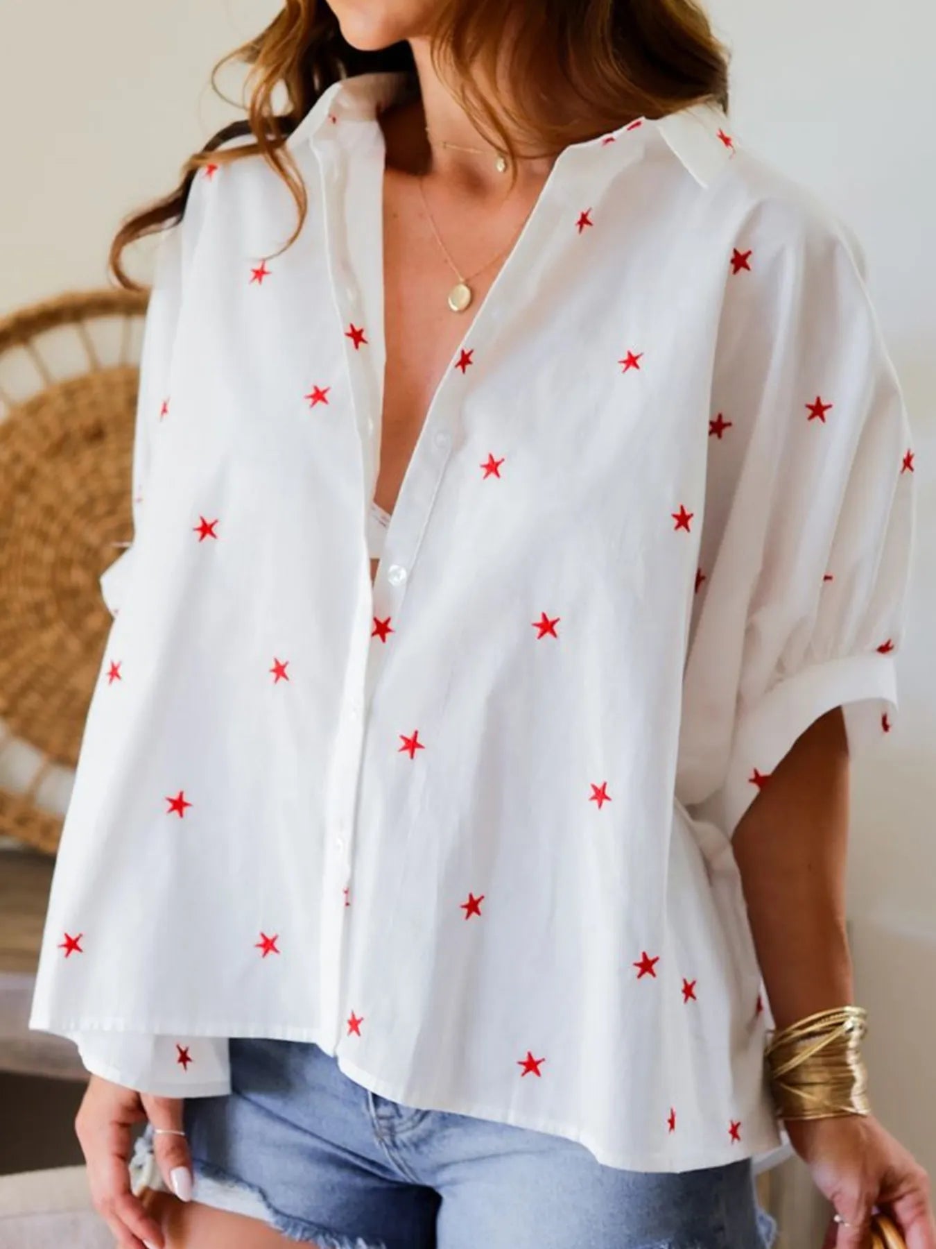 Star Print Puff Sleeve Button-Up Shirt - LODIMAE FASHION