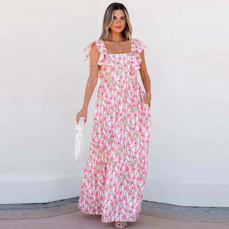 Women's Casual All-match Floral High Waist Square Collar Dress - LODIMAE FASHION