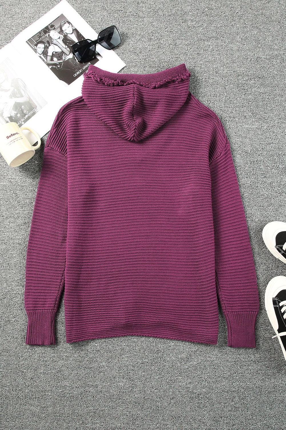 Black Split V Neck Pullover Knit Hooded Sweater - LODIMAE FASHION