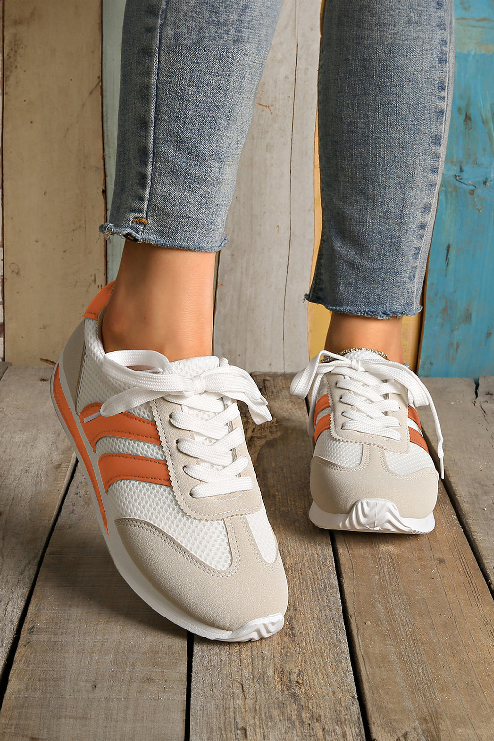 White Patchwork Breathable Lace Up Sneakers - LODIMAE FASHION