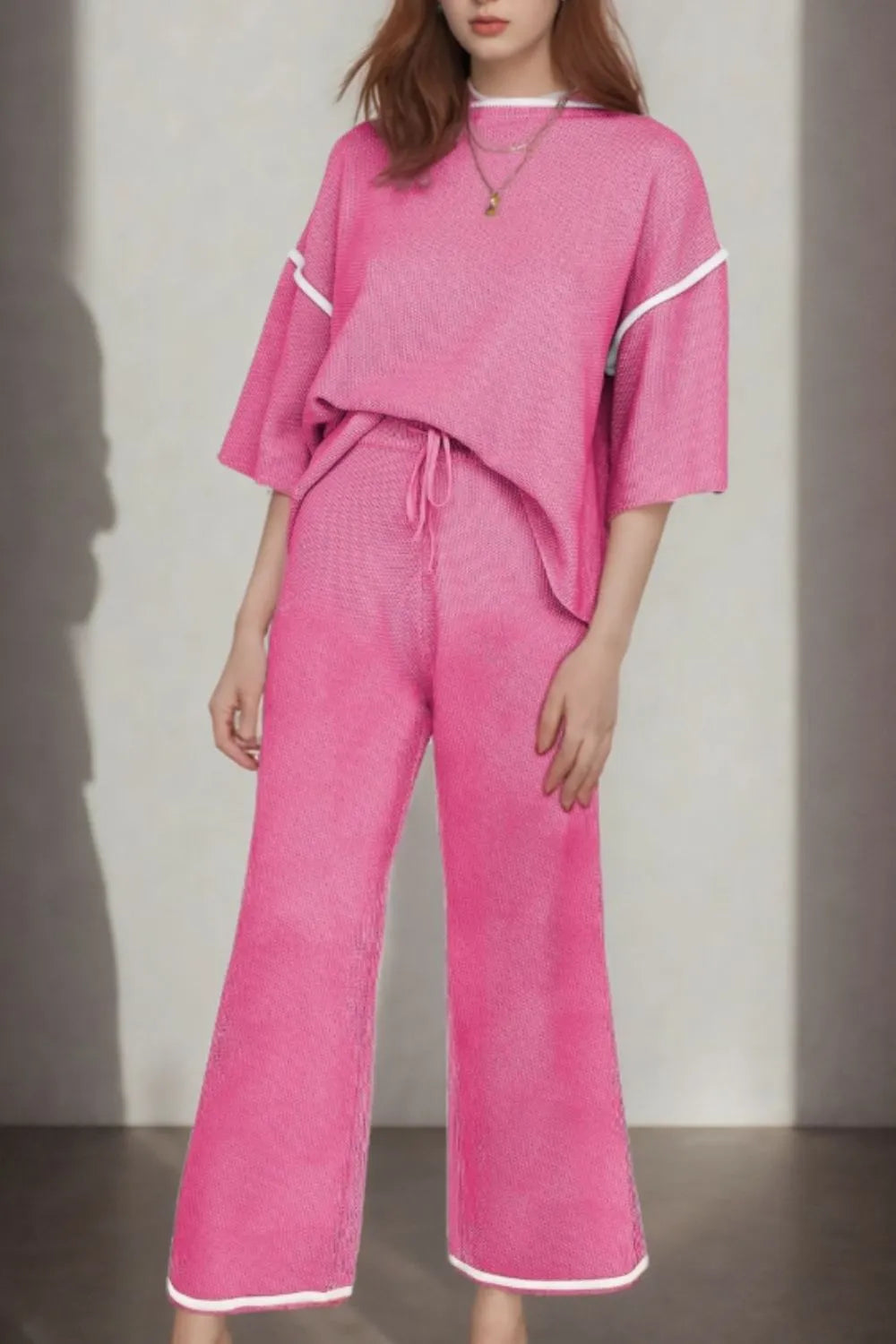 Contrast Trim Round Neck Top and Pants Set - LODIMAE FASHION