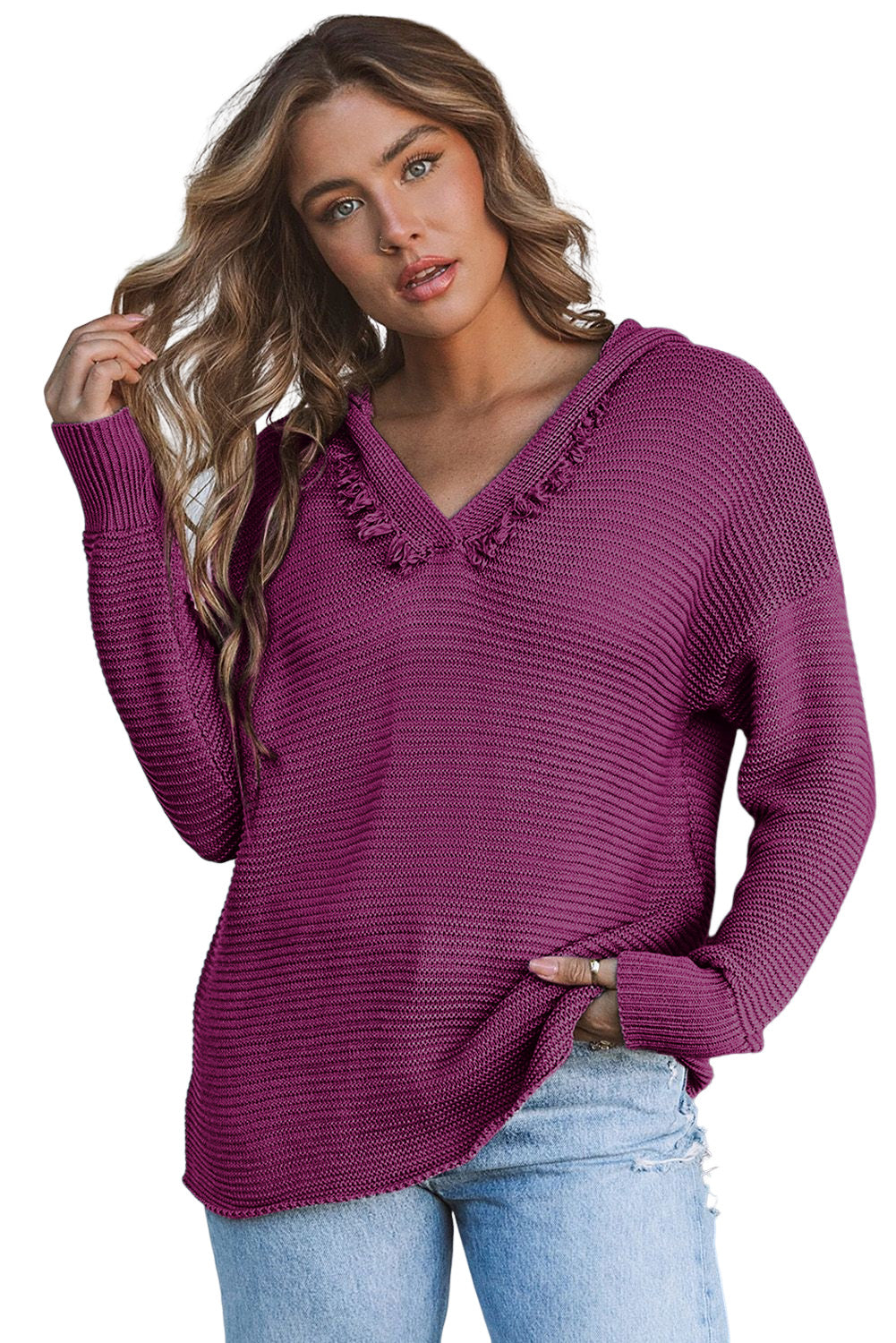 Black Split V Neck Pullover Knit Hooded Sweater - LODIMAE FASHION