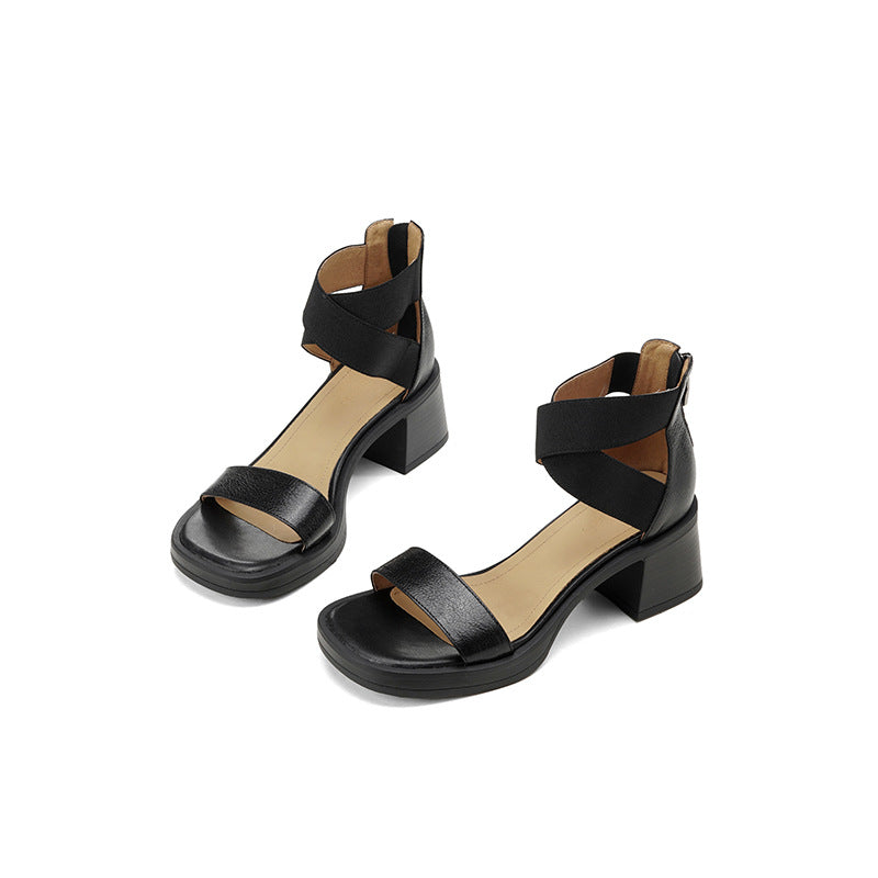 Leather thick-heeled one-strap sandals, high-heeled anti-platform thick-soled sandals, women's shoes, retro style soft soles - LODIMAE FASHION