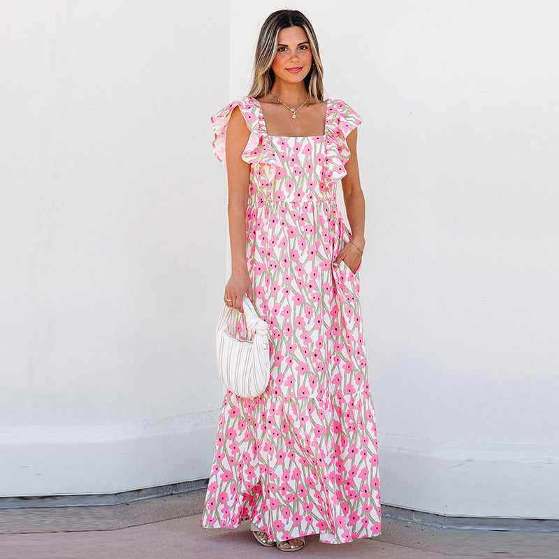 Women's Casual All-match Floral High Waist Square Collar Dress - LODIMAE FASHION