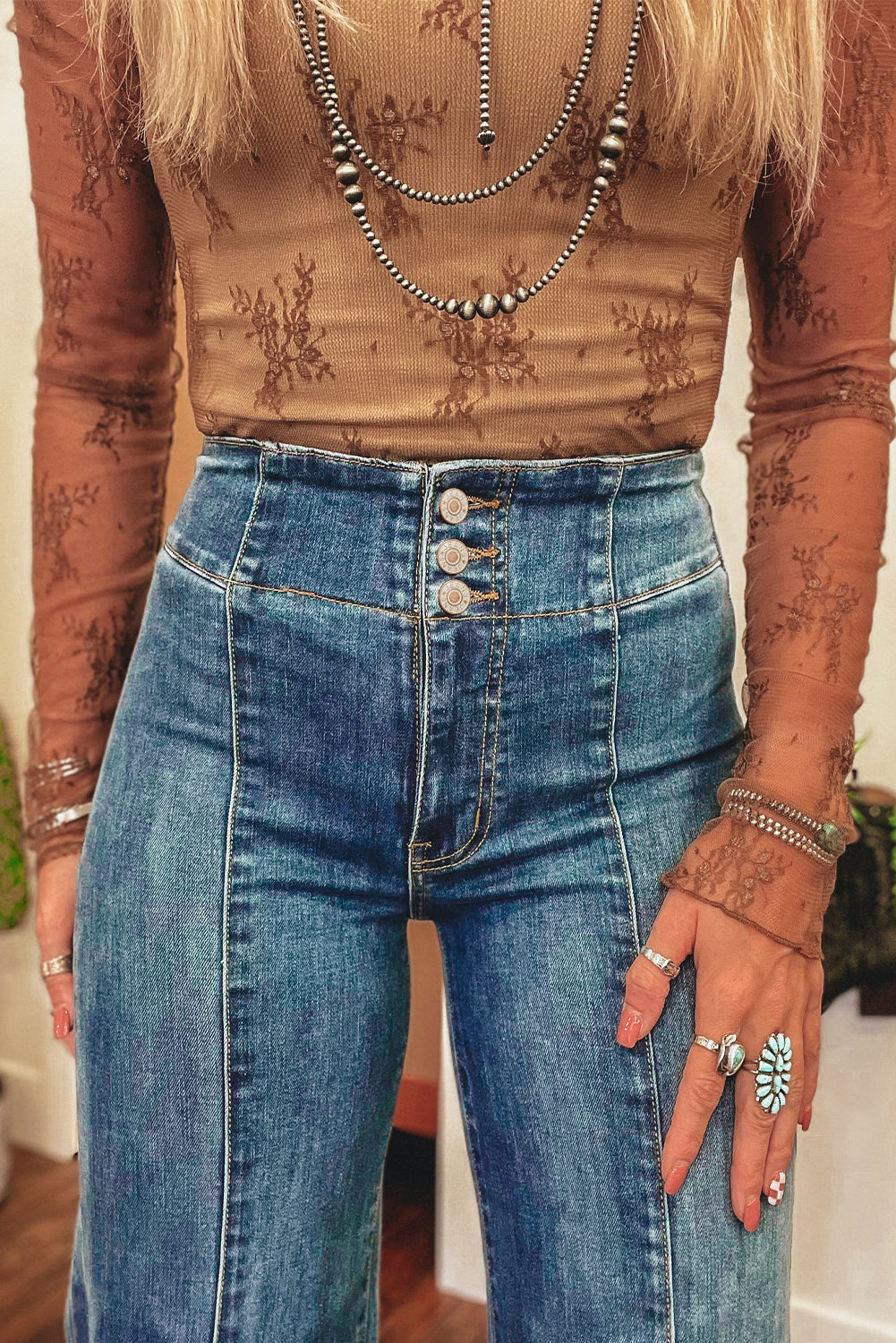 Sail Blue High Waist Button Raw Hem Jeans - LODIMAE FASHION