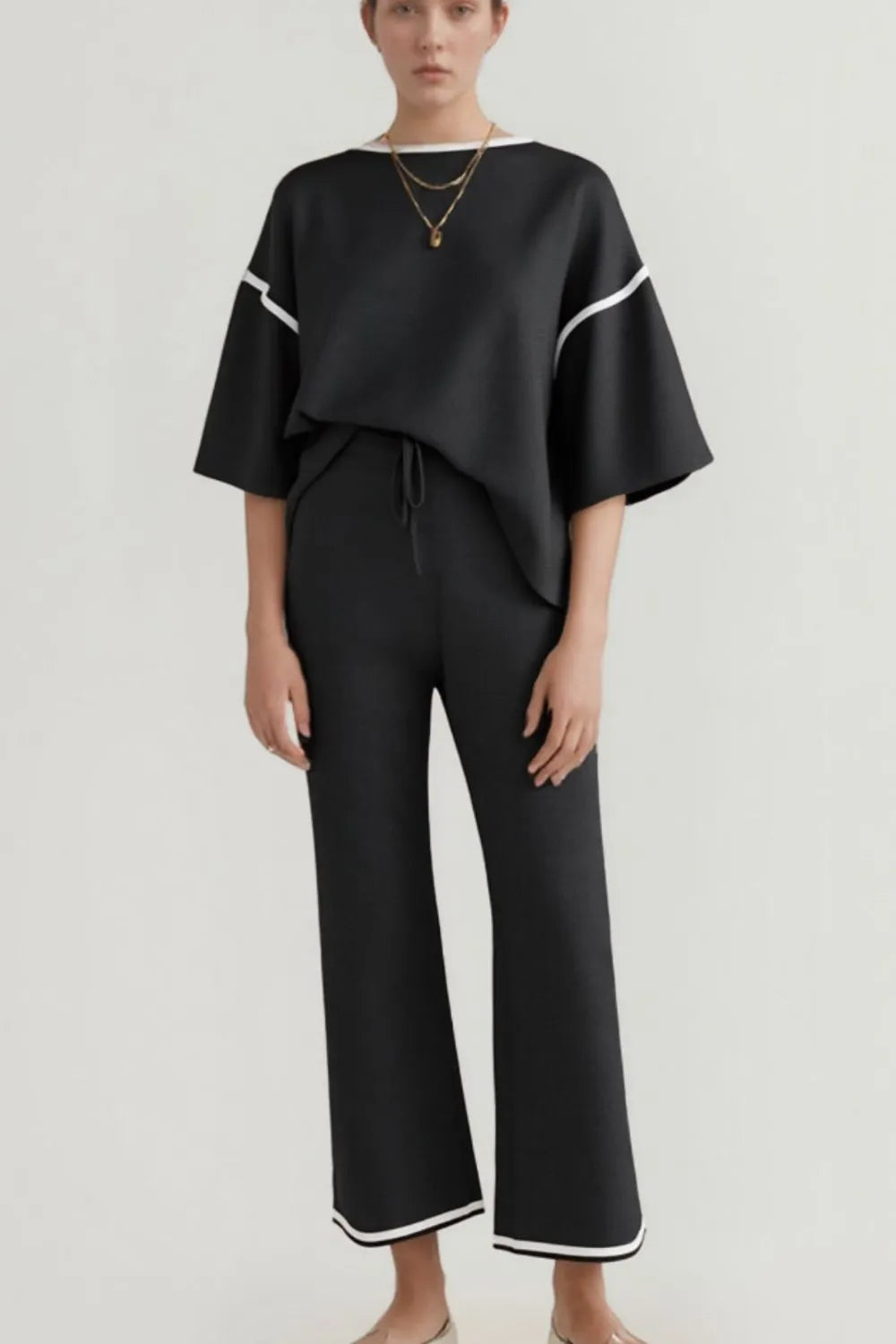 Contrast Trim Round Neck Top and Pants Set - LODIMAE FASHION