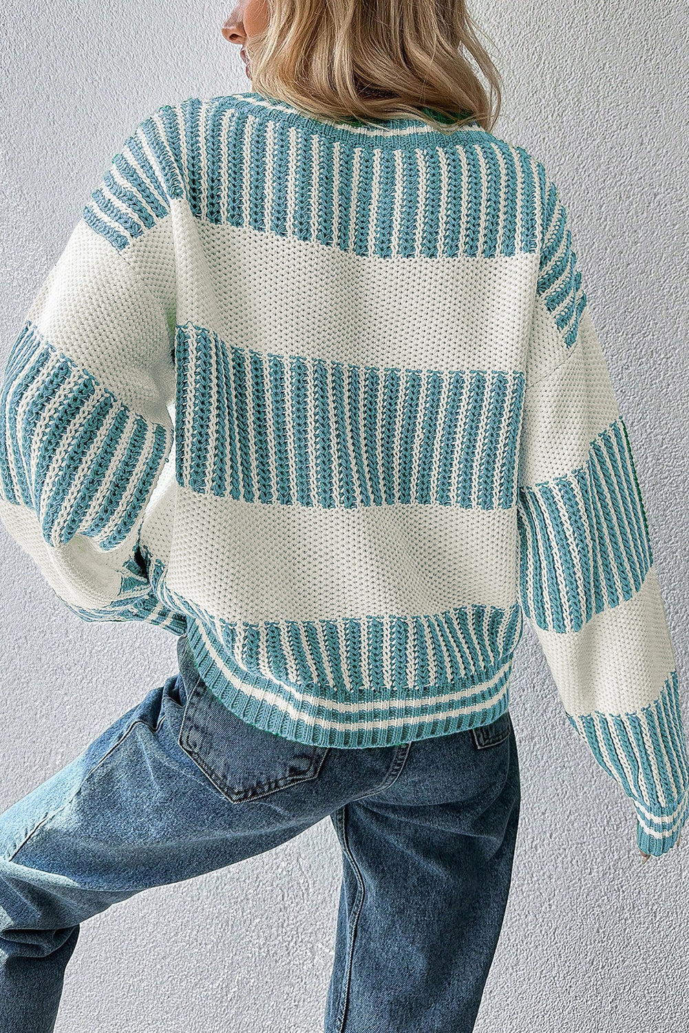 Khaki Two Tone Striped Patchwork Drop Shoulder Sweater - LODIMAE FASHION