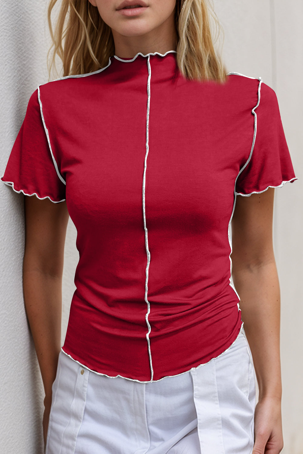 Basic Bae Contrast Trim Mock Neck Short Sleeve T-Shirt - LODIMAE FASHION