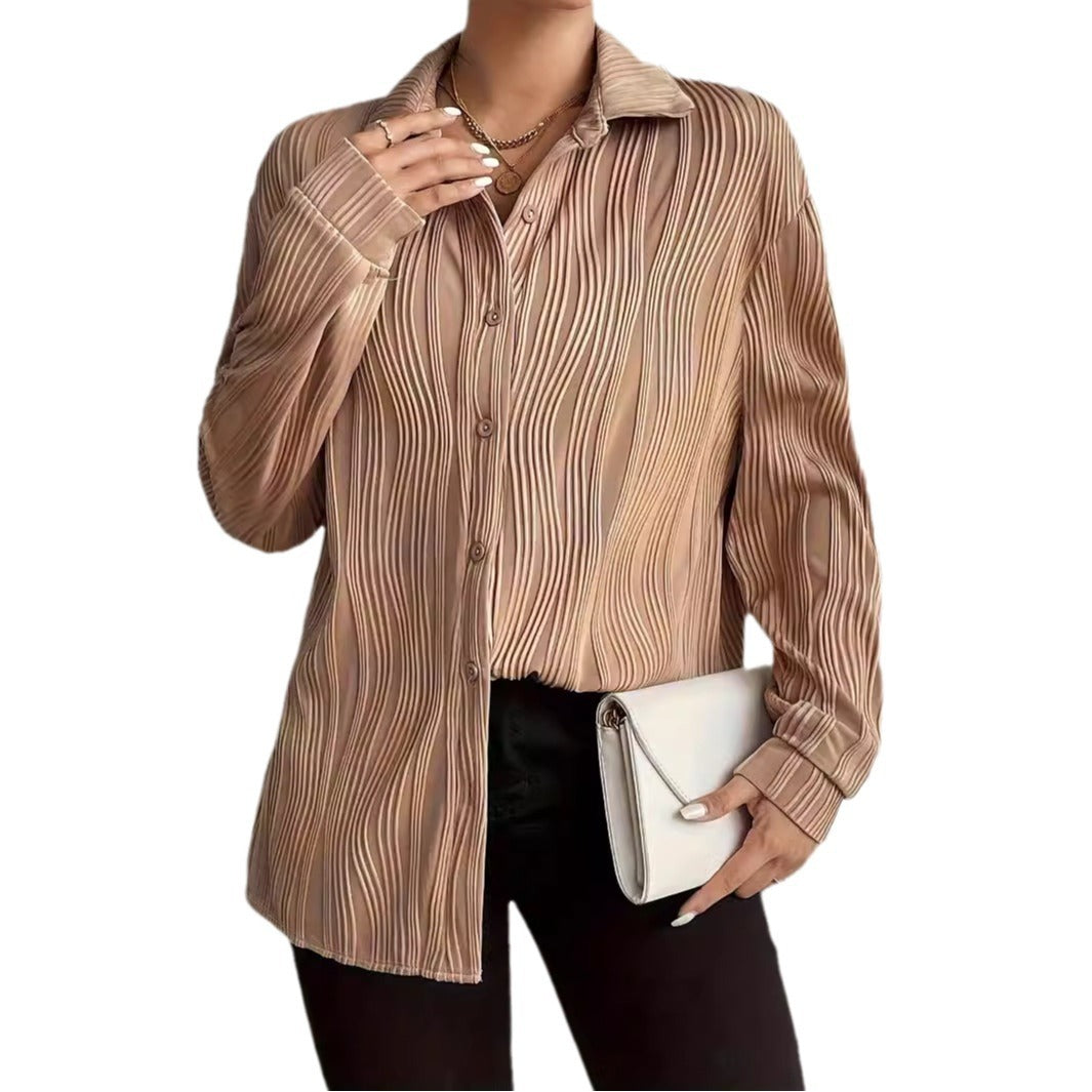 Fashionable Women's Plus Size Shirt With Fold-down Collar And Button Texture - LODIMAE FASHION