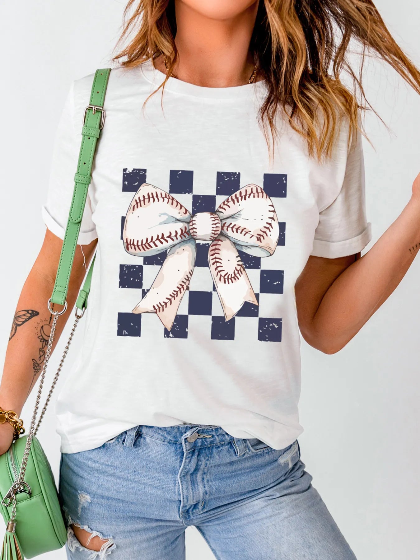 Checkered Bowknot Graphic Crew Neck T Shirt - LODIMAE FASHION
