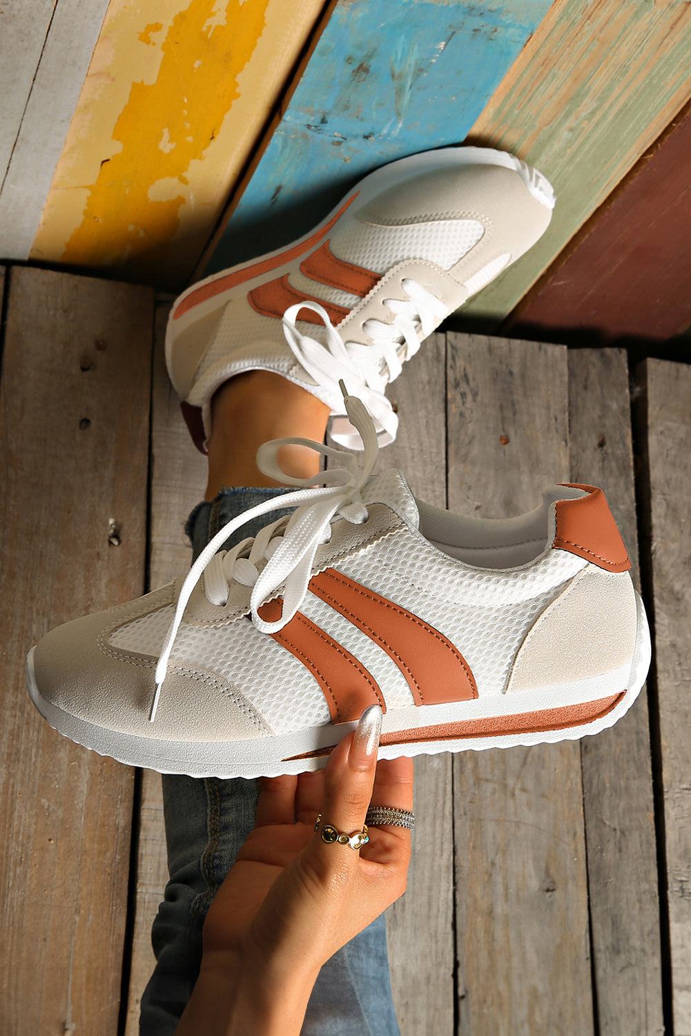 White Patchwork Breathable Lace Up Sneakers - LODIMAE FASHION