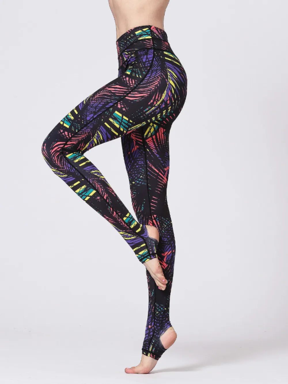 Printed Wide Waistband Active Leggings with Stirrups - LODIMAE FASHION