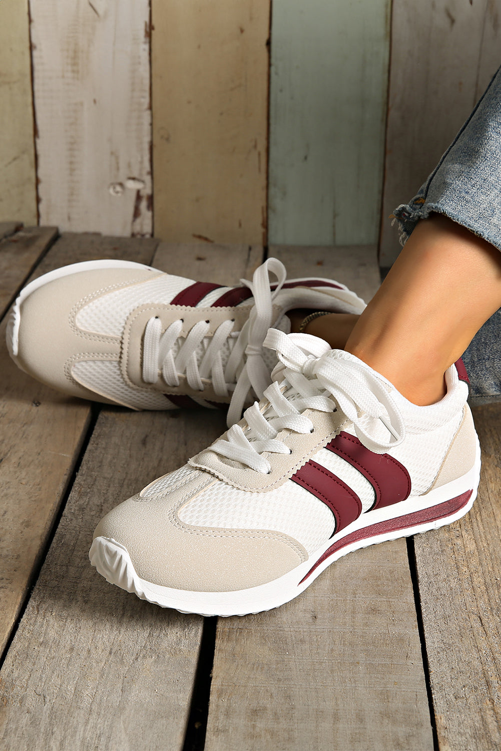 White Patchwork Breathable Lace Up Sneakers - LODIMAE FASHION