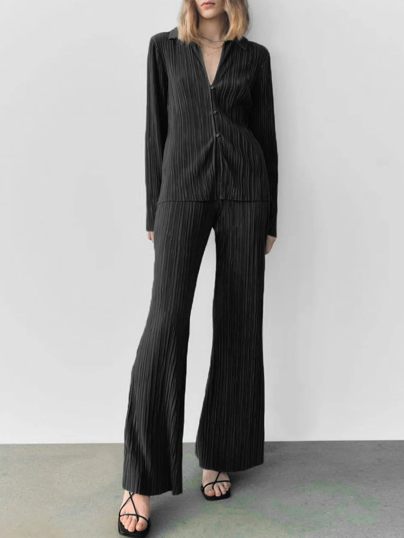 Texture Long Sleeve Top and Pants Lounge Set - LODIMAE FASHION