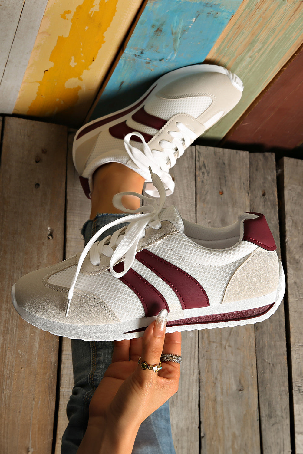 White Patchwork Breathable Lace Up Sneakers - LODIMAE FASHION