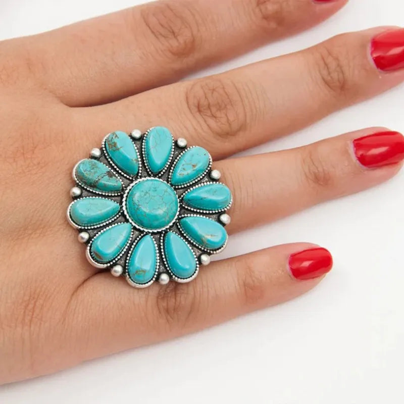 Artificial Turquoise Flower Ring – Vintage Alloy Statement Jewelry - LODIMAE FASHION