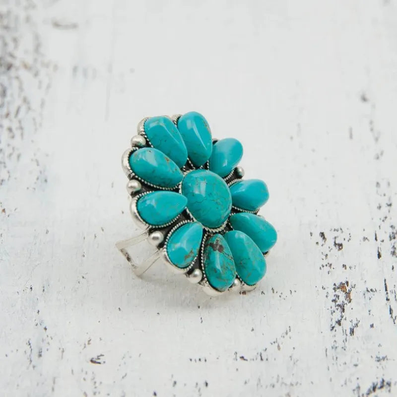 Artificial Turquoise Flower Ring – Vintage Alloy Statement Jewelry - LODIMAE FASHION