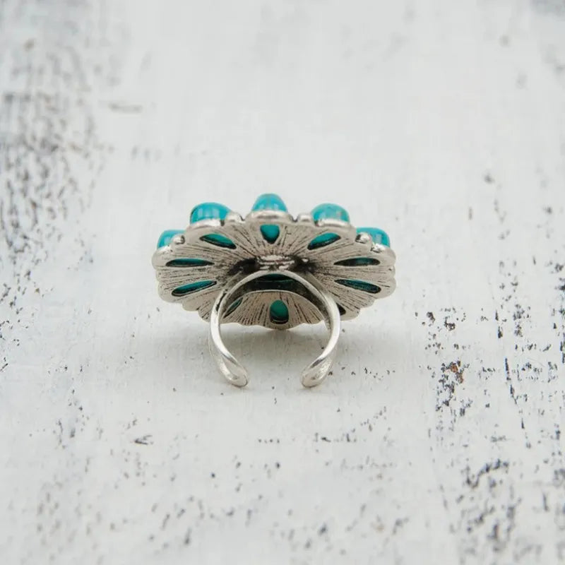 Artificial Turquoise Flower Ring – Vintage Alloy Statement Jewelry - LODIMAE FASHION