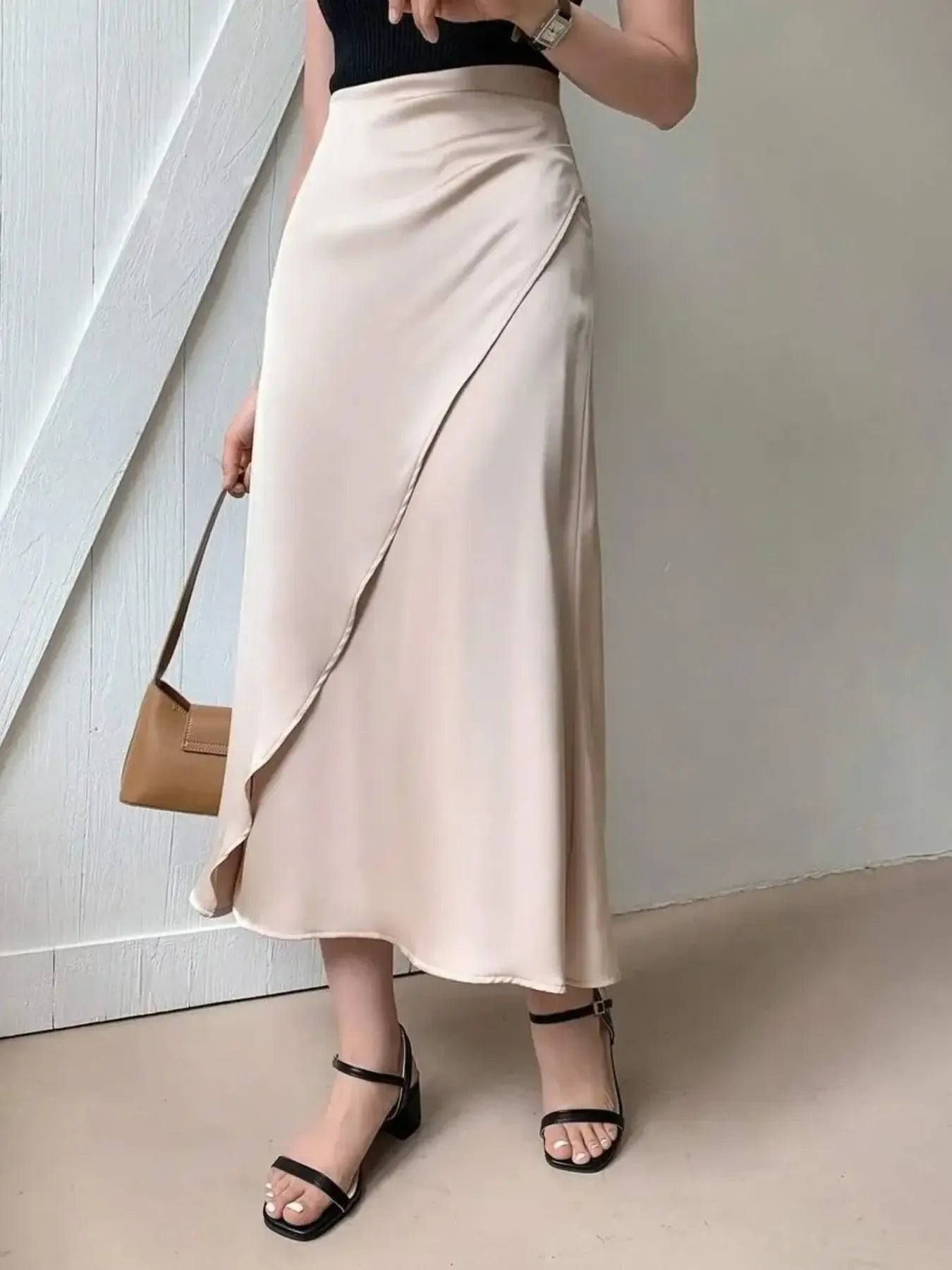 Asymmetric Wrap Midi Skirt with Fluted Hem - LODIMAE FASHION