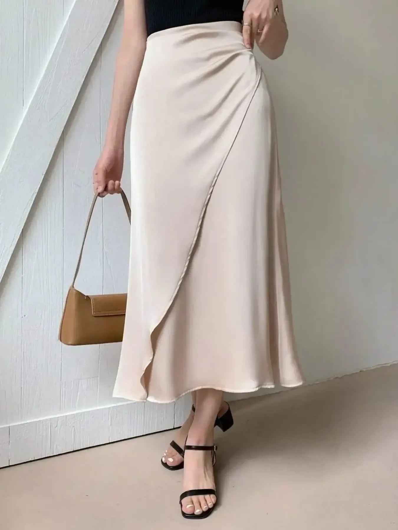 Asymmetric Wrap Midi Skirt with Fluted Hem - LODIMAE FASHION