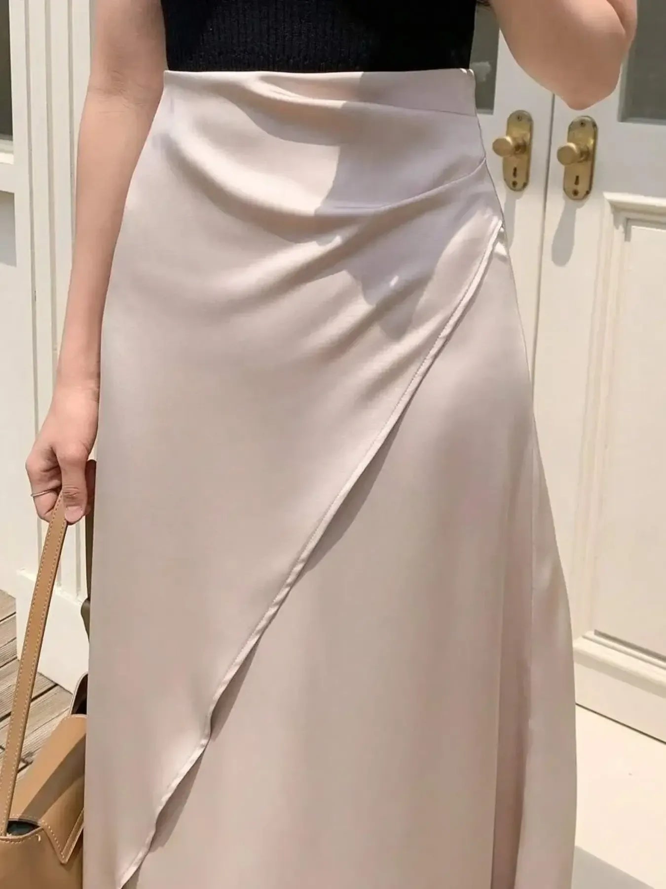 Asymmetric Wrap Midi Skirt with Fluted Hem - LODIMAE FASHION