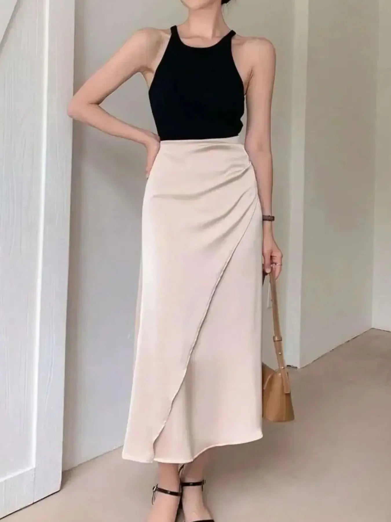 Asymmetric Wrap Midi Skirt with Fluted Hem - LODIMAE FASHION