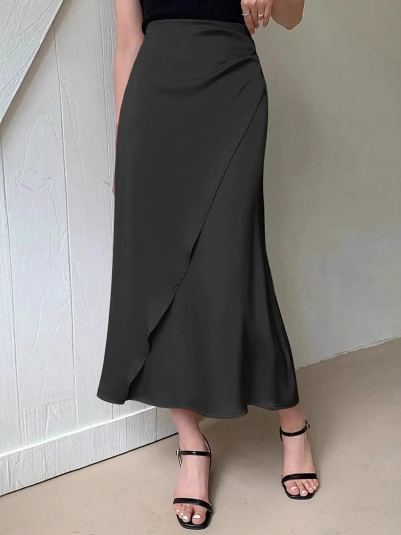 Asymmetric Wrap Midi Skirt with Fluted Hem - LODIMAE FASHION
