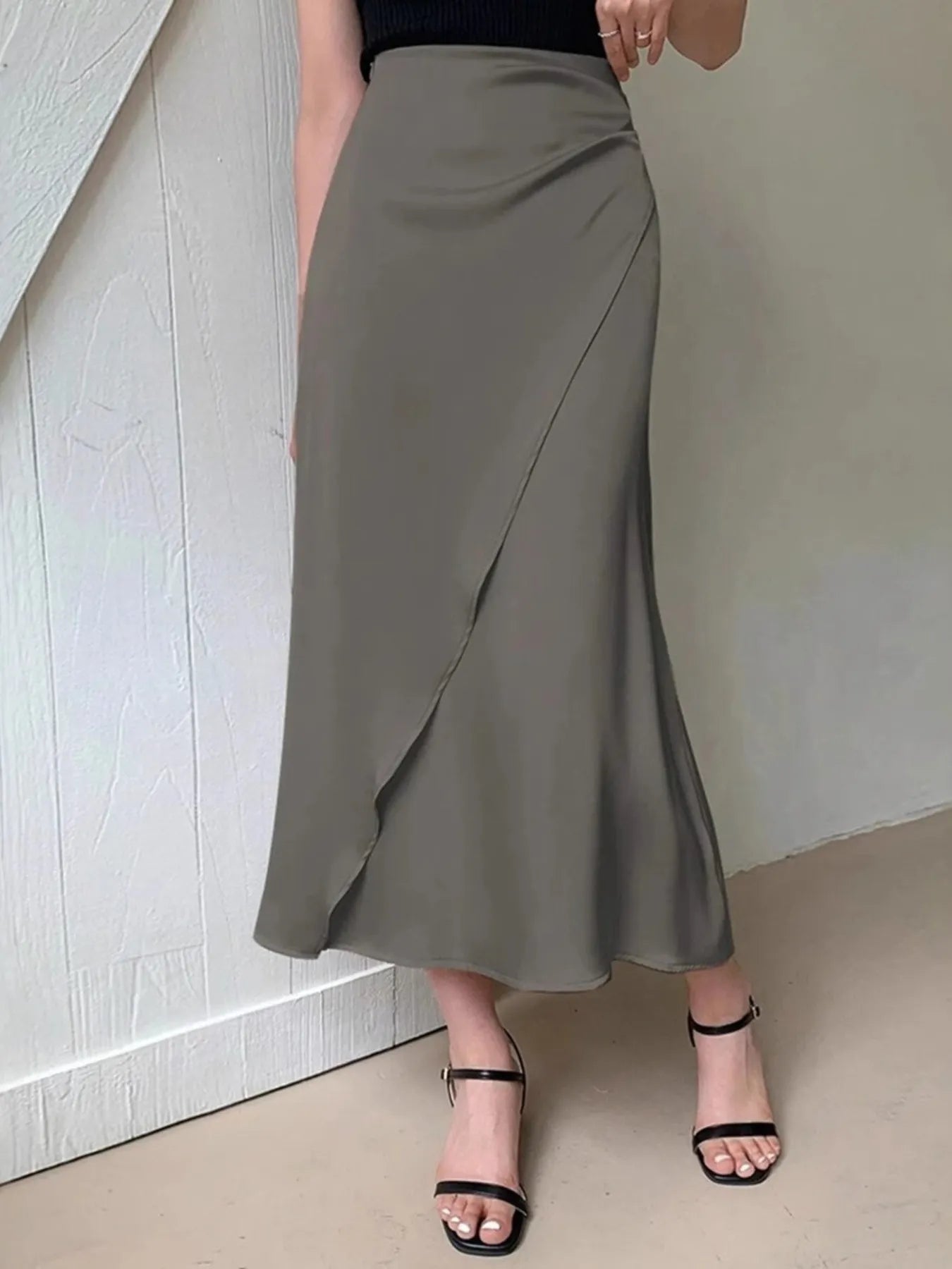 Asymmetric Wrap Midi Skirt with Fluted Hem - LODIMAE FASHION