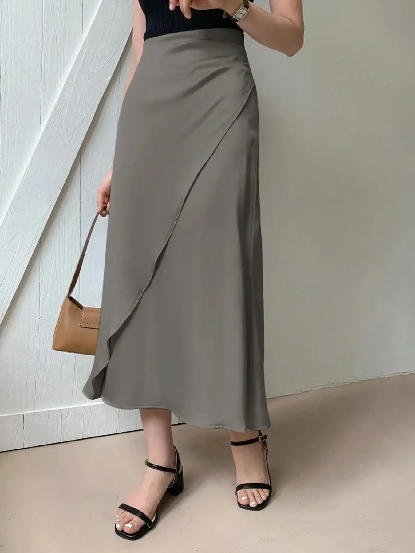 Asymmetric Wrap Midi Skirt with Fluted Hem - LODIMAE FASHION