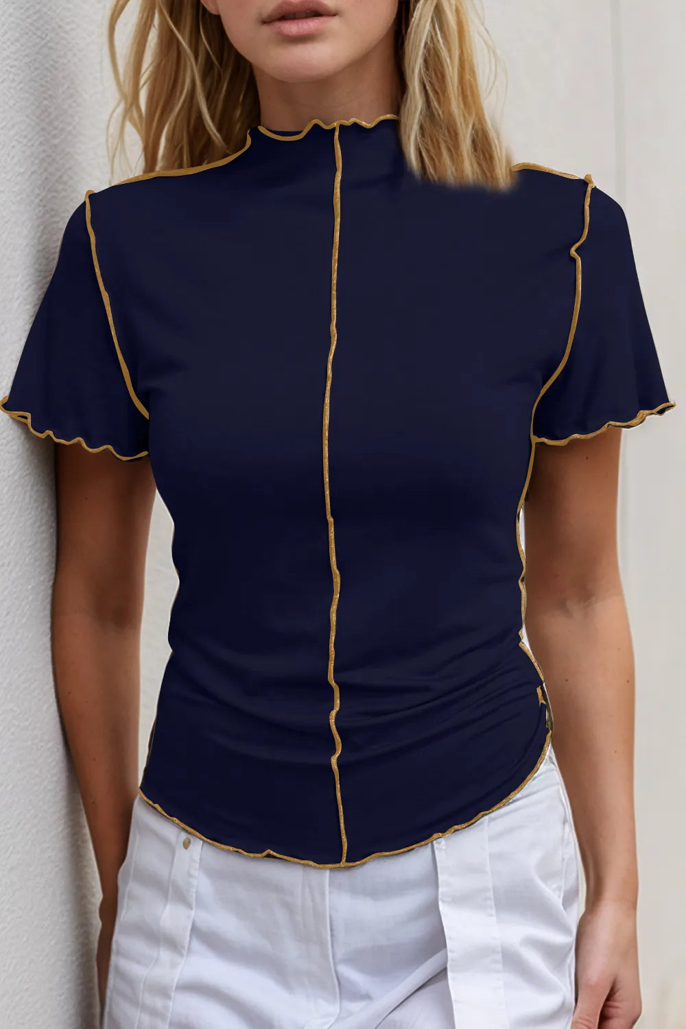 Basic Bae Contrast Trim Mock Neck Short Sleeve T-Shirt - LODIMAE FASHION