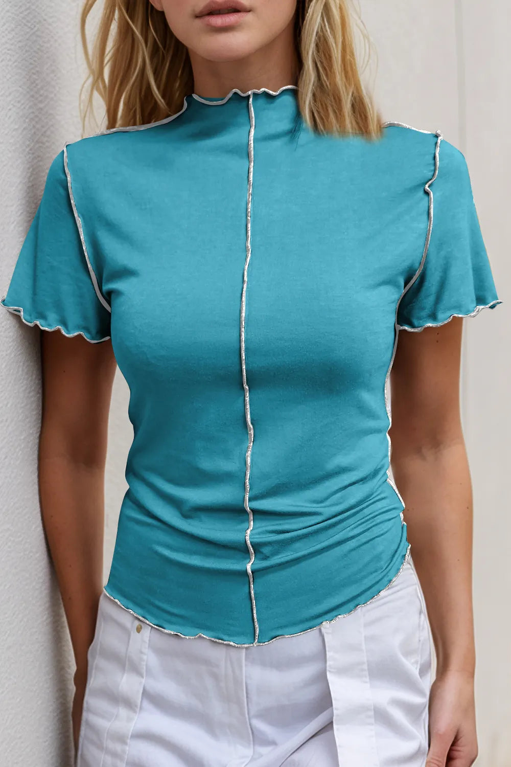Basic Bae Contrast Trim Mock Neck Short Sleeve T-Shirt - LODIMAE FASHION