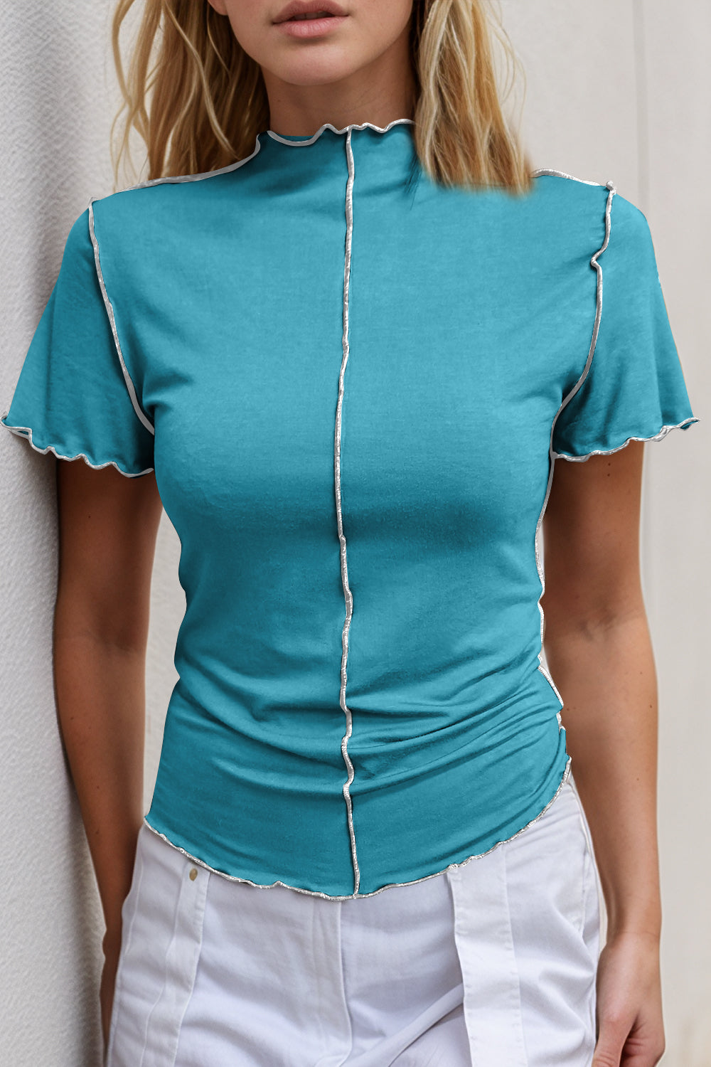 Basic Bae Contrast Trim Mock Neck Short Sleeve T-Shirt - LODIMAE FASHION